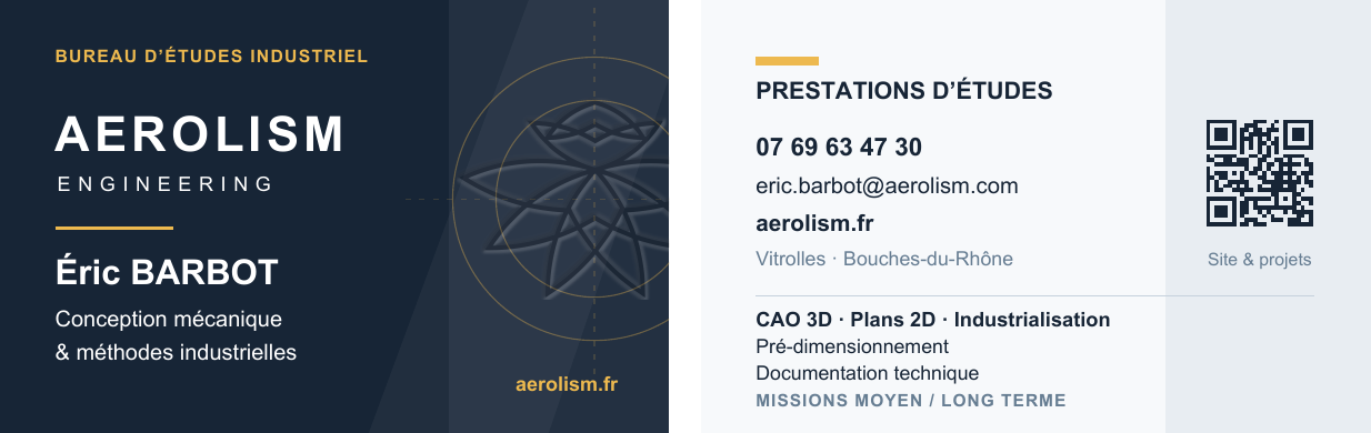 Carte de visite recto verso d’Éric Barbot, Aerolism Engineering : conception mécanique et méthodes industrielles, 07 69 63 47 30