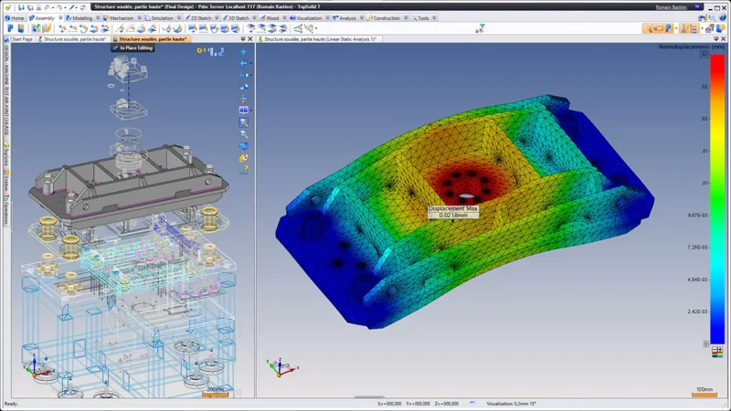 Exemple de maillage et de déplacements calculés dans TopSolid FEA