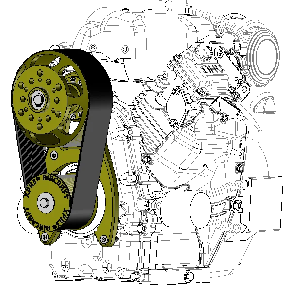 Vue CAO de l’intégration du réducteur sur moteur V-Twin